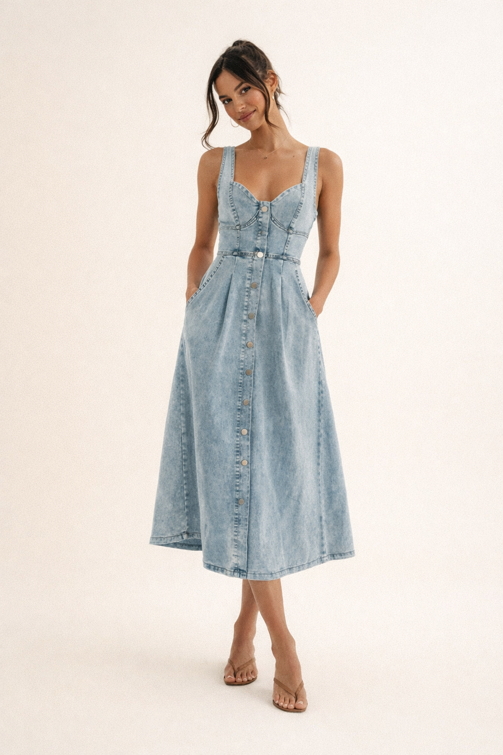 Abito Midi Donna in Denim con Cintura