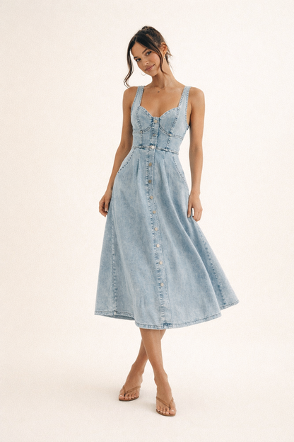 Abito Midi Donna in Denim con Cintura