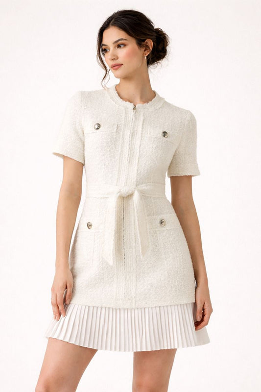 Abito Corto Donna in Tweed con Cintura
