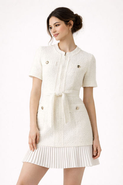 Abito Corto Donna in Tweed con Cintura