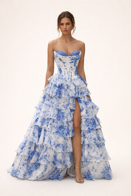 Abito Lungo Donna Floreale con Corsetto