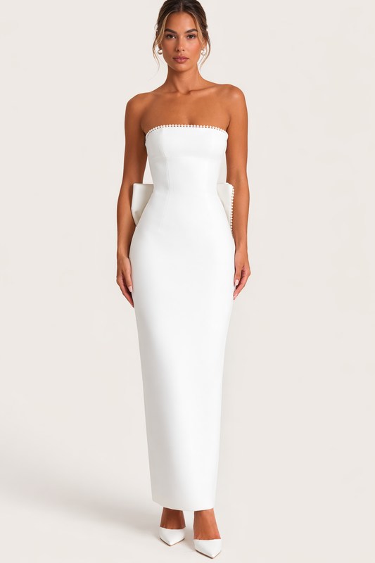 Abito Lungo Donna Strapless con Bordo Perlato