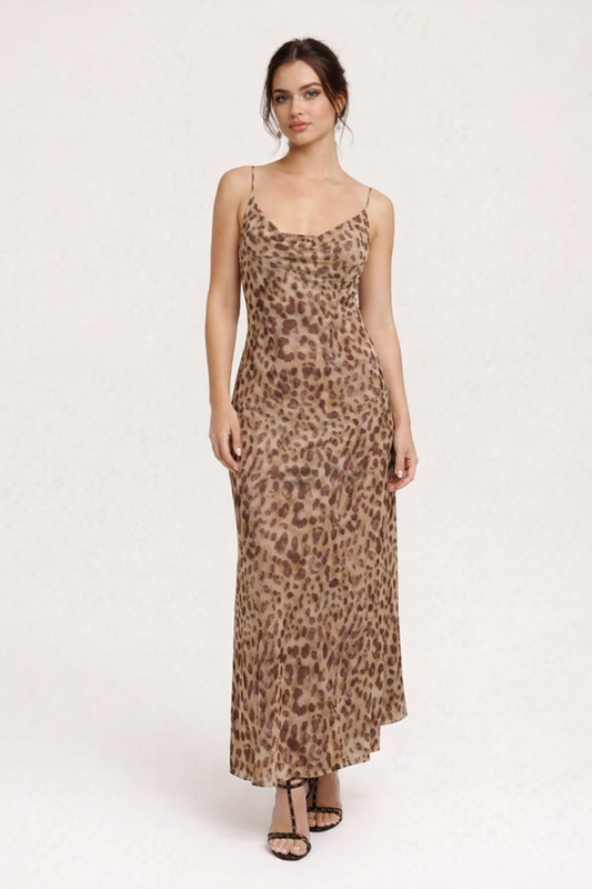 Abito Lungo Donna Leopardato Satinato