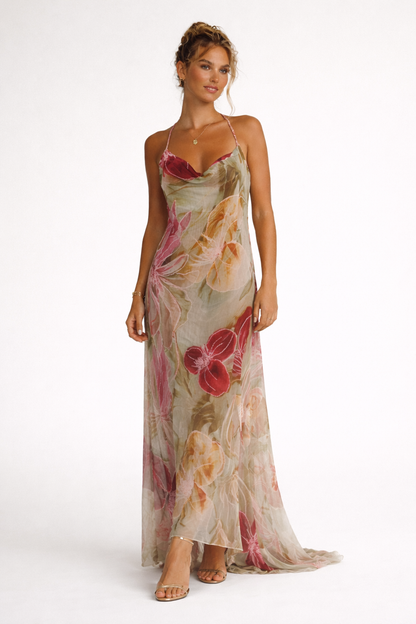 Abito Lungo Donna Floreale Drappeggiato