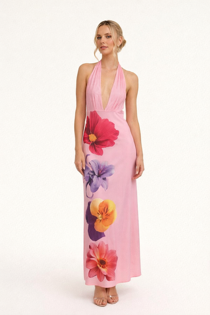 Abito Lungo Donna Halter con Scollatura Profonda