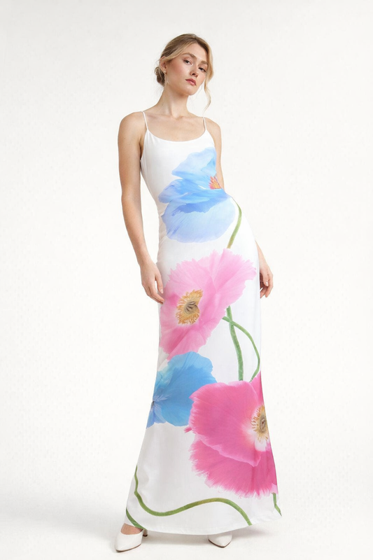 Abito Lungo Donna Floreale con Scollo Rotondo