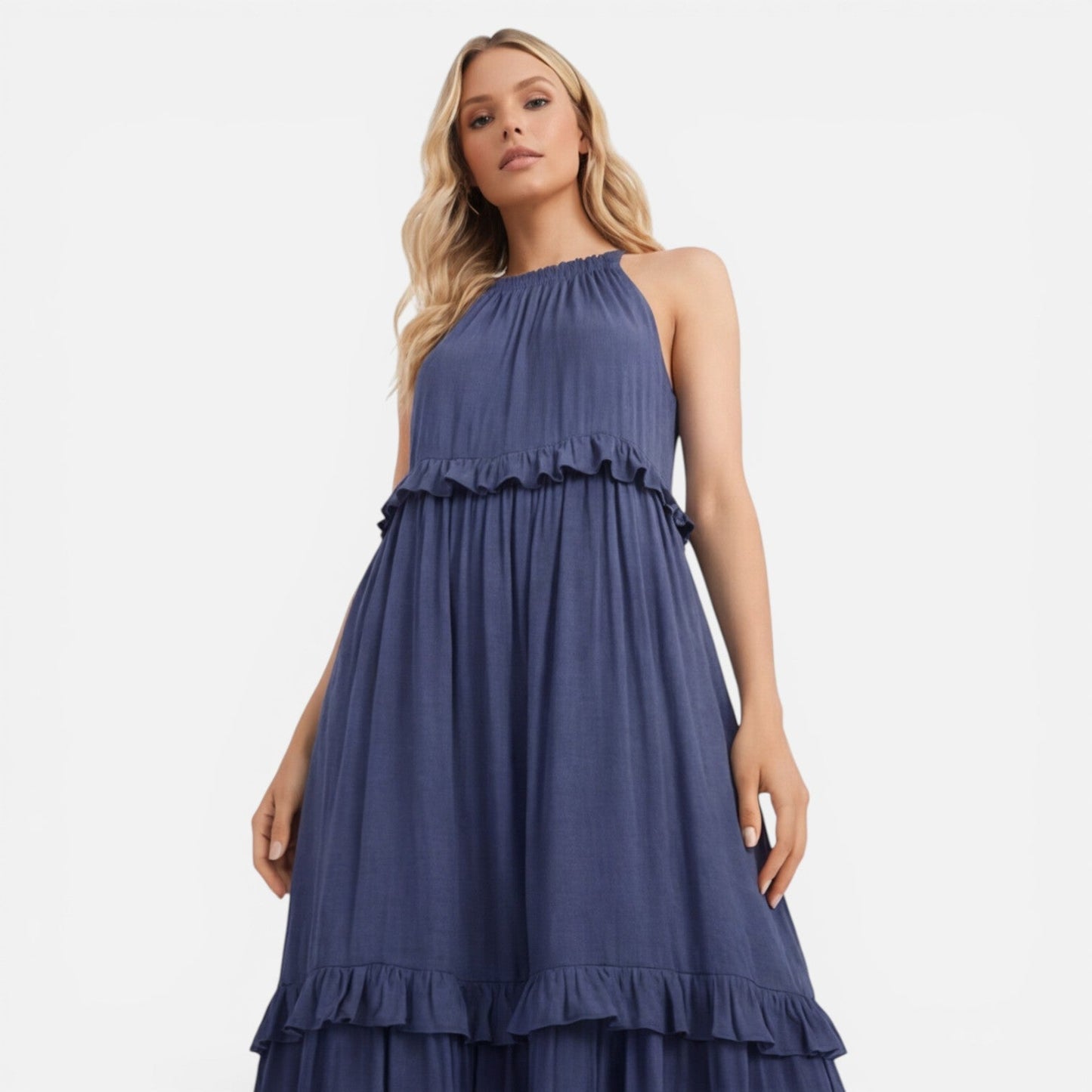 Abito Lungo Donna a Balze con Collo all'Americana