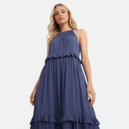 Abito Lungo Donna a Balze con Collo all'Americana