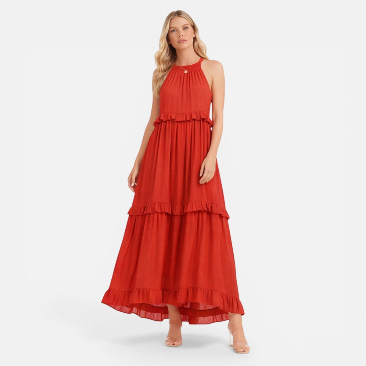 Abito Lungo Donna a Balze con Collo all'Americana