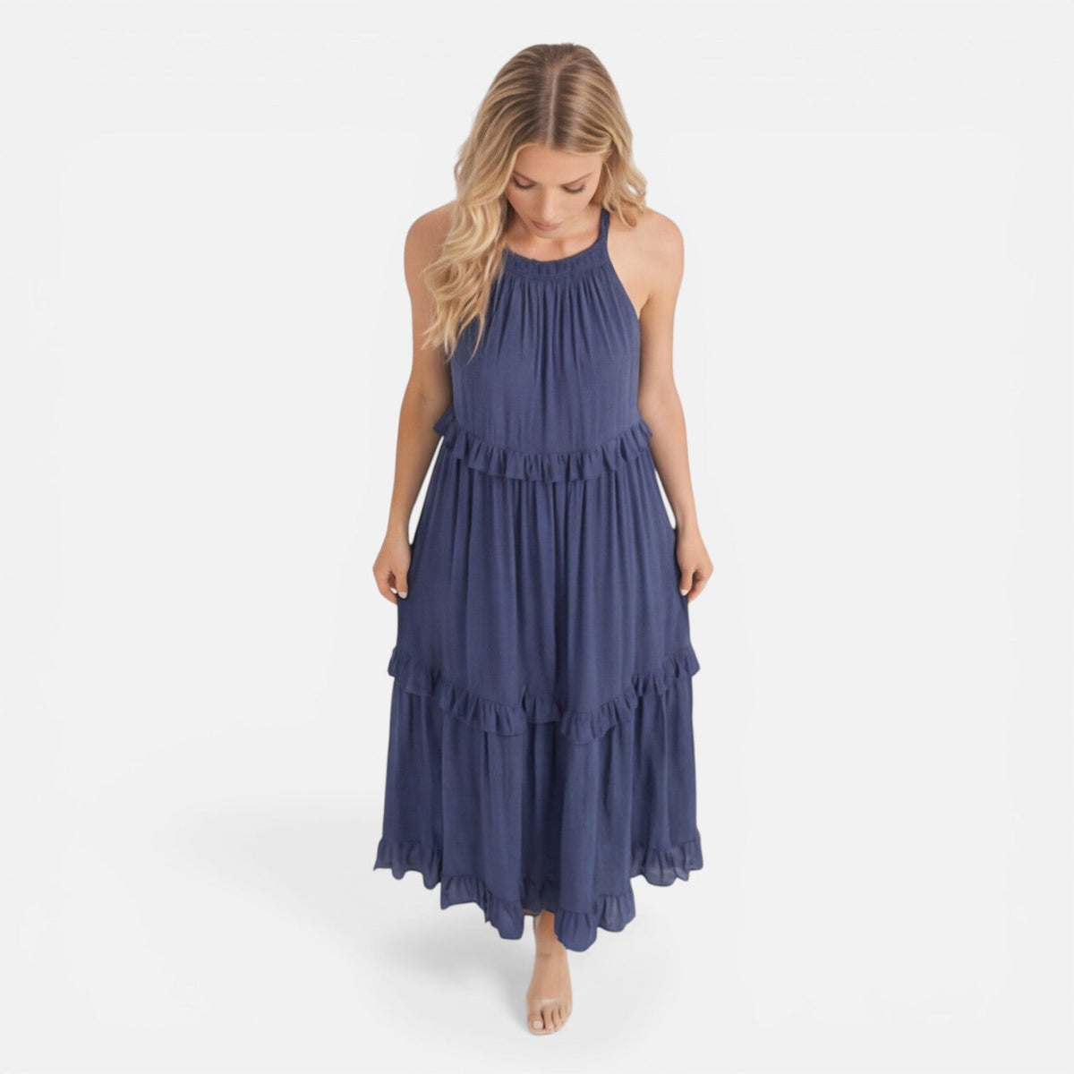 Abito Lungo Donna a Balze con Collo all'Americana