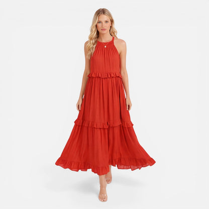 Abito Lungo Donna a Balze con Collo all'Americana