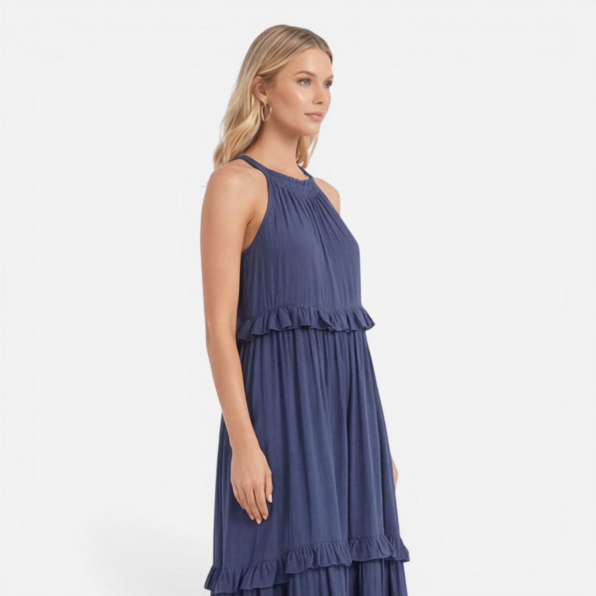 Abito Lungo Donna a Balze con Collo all'Americana