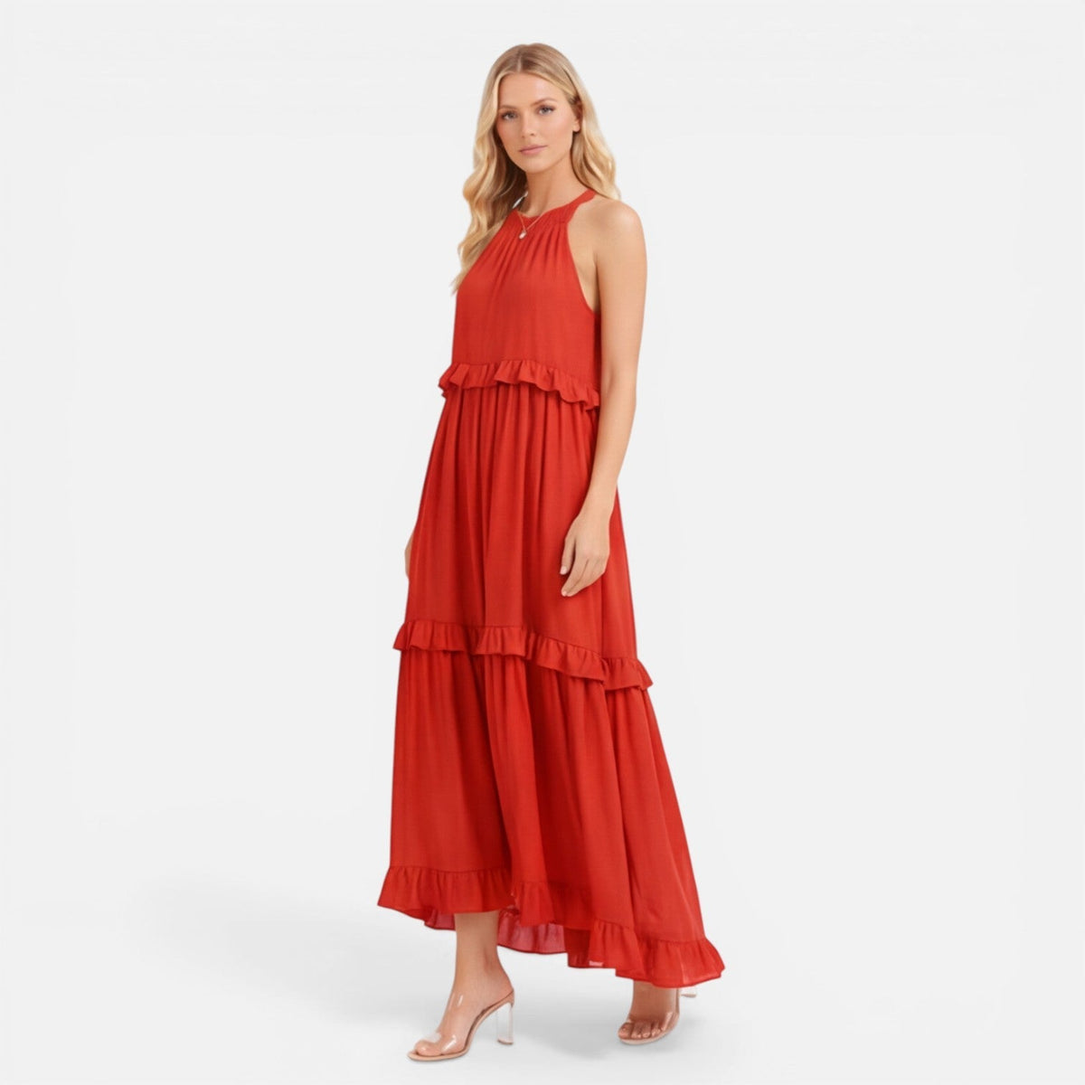 Abito Lungo Donna a Balze con Collo all'Americana