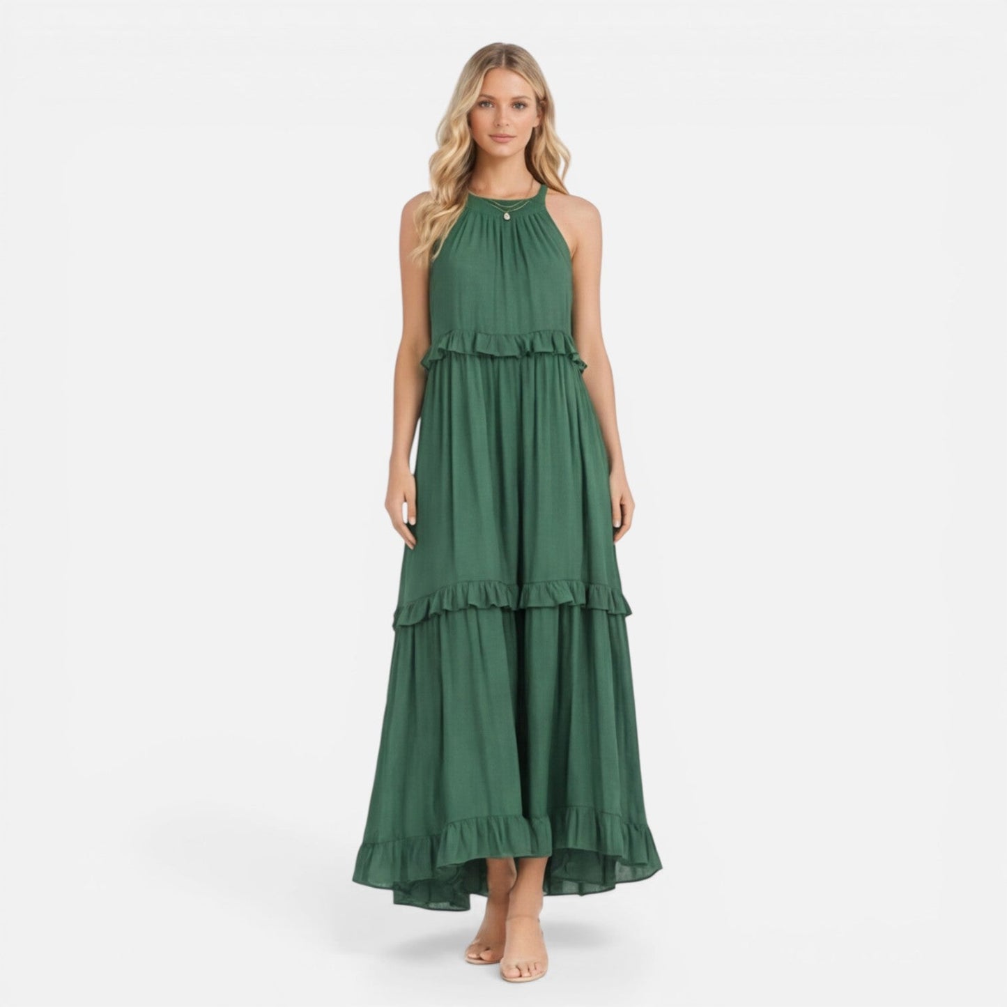 Abito Lungo Donna a Balze con Collo all'Americana