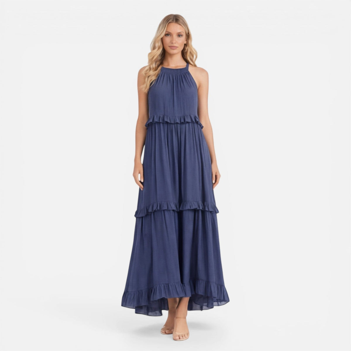 Abito Lungo Donna a Balze con Collo all'Americana