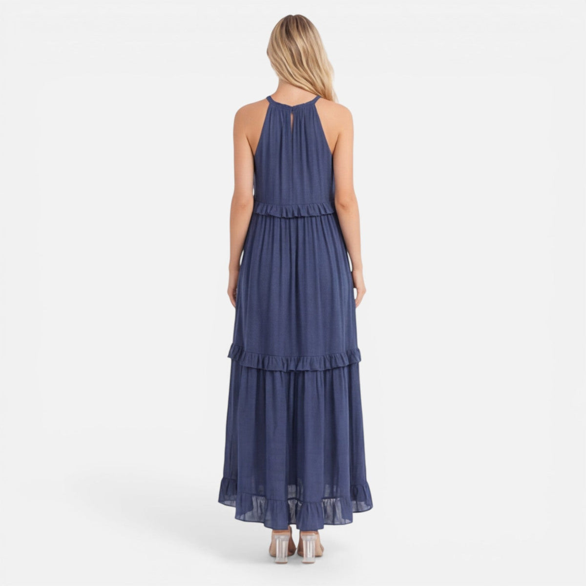 Abito Lungo Donna a Balze con Collo all'Americana