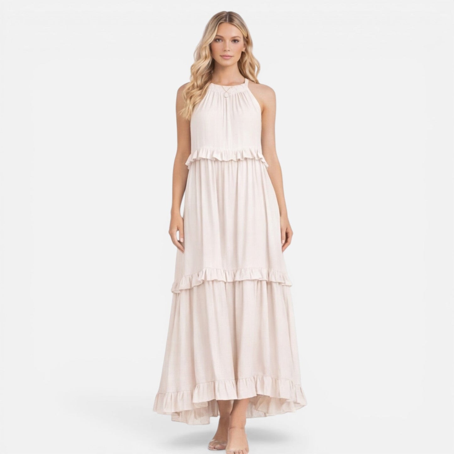 Abito Lungo Donna a Balze con Collo all'Americana