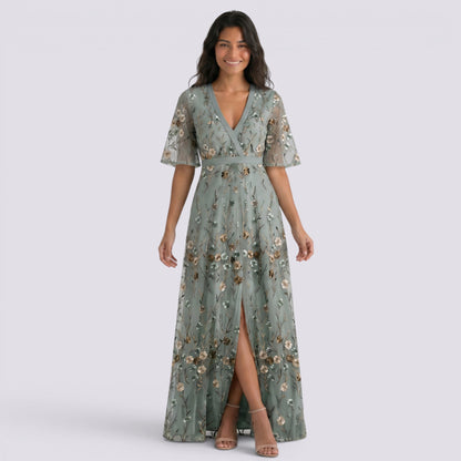 Abito Lungo Donna Boho Stampato con Scollo a V