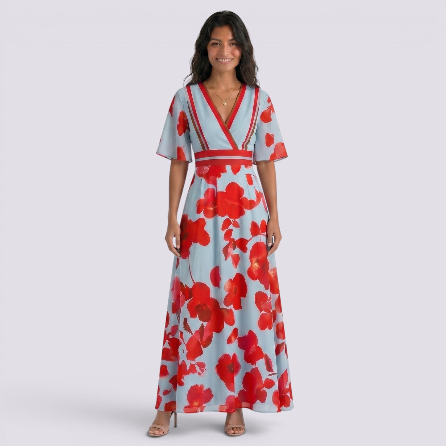 Abito Lungo Donna Boho Stampato con Scollo a V