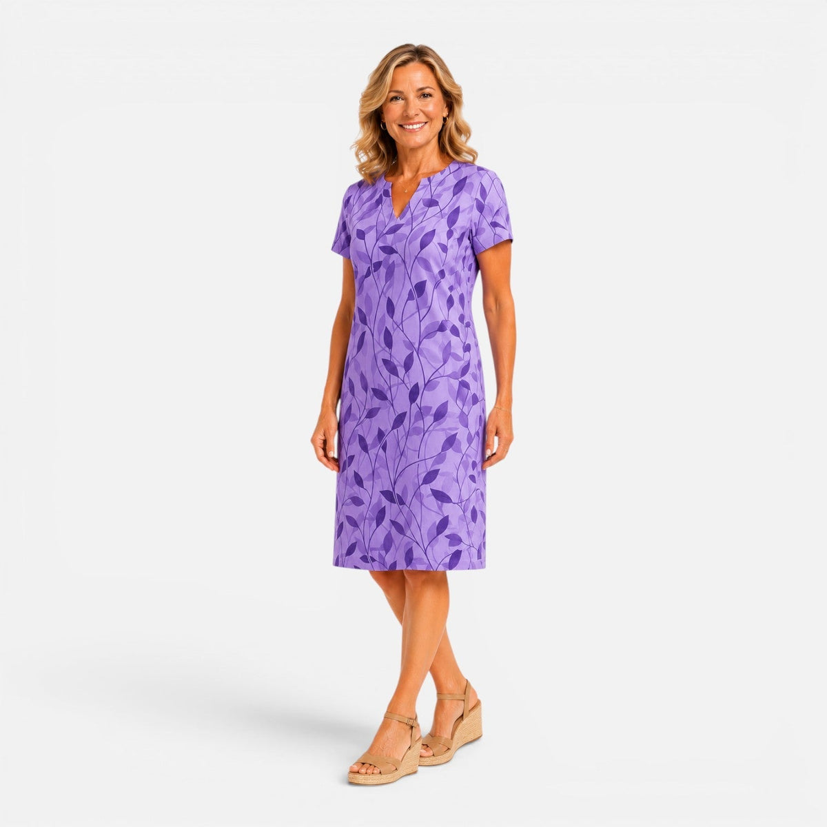 Abito Midi Donna Stampa Botanica con Maniche Corte