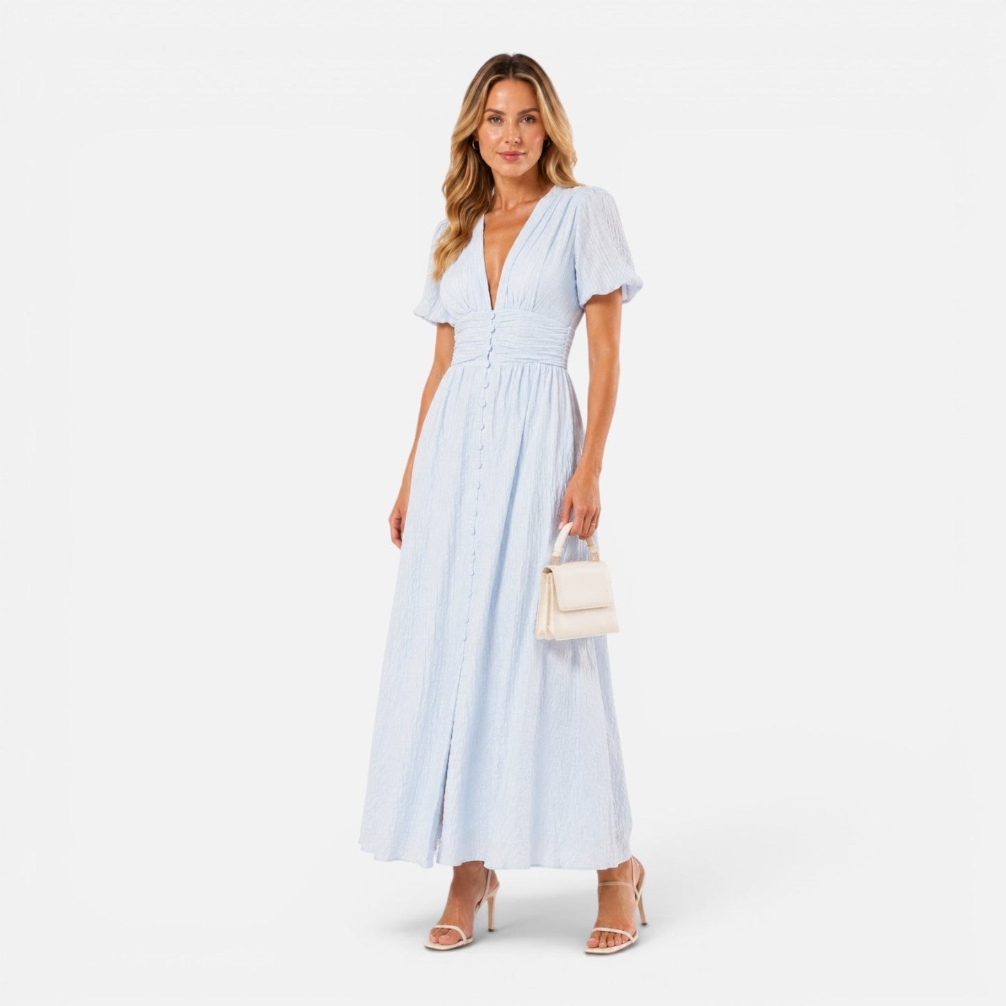 Abito Lungo Donna con Maniche a Sbuffo e Corpetto Smock