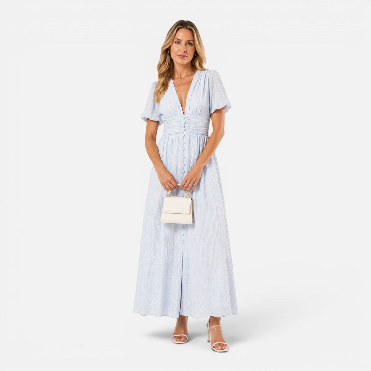 Abito Lungo Donna con Maniche a Sbuffo e Corpetto Smock