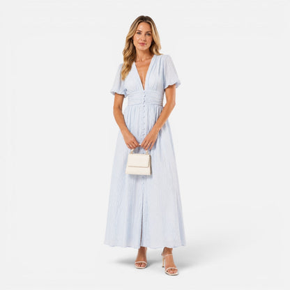 Abito Lungo Donna con Maniche a Sbuffo e Corpetto Smock