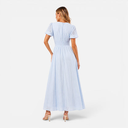 Abito Lungo Donna con Maniche a Sbuffo e Corpetto Smock