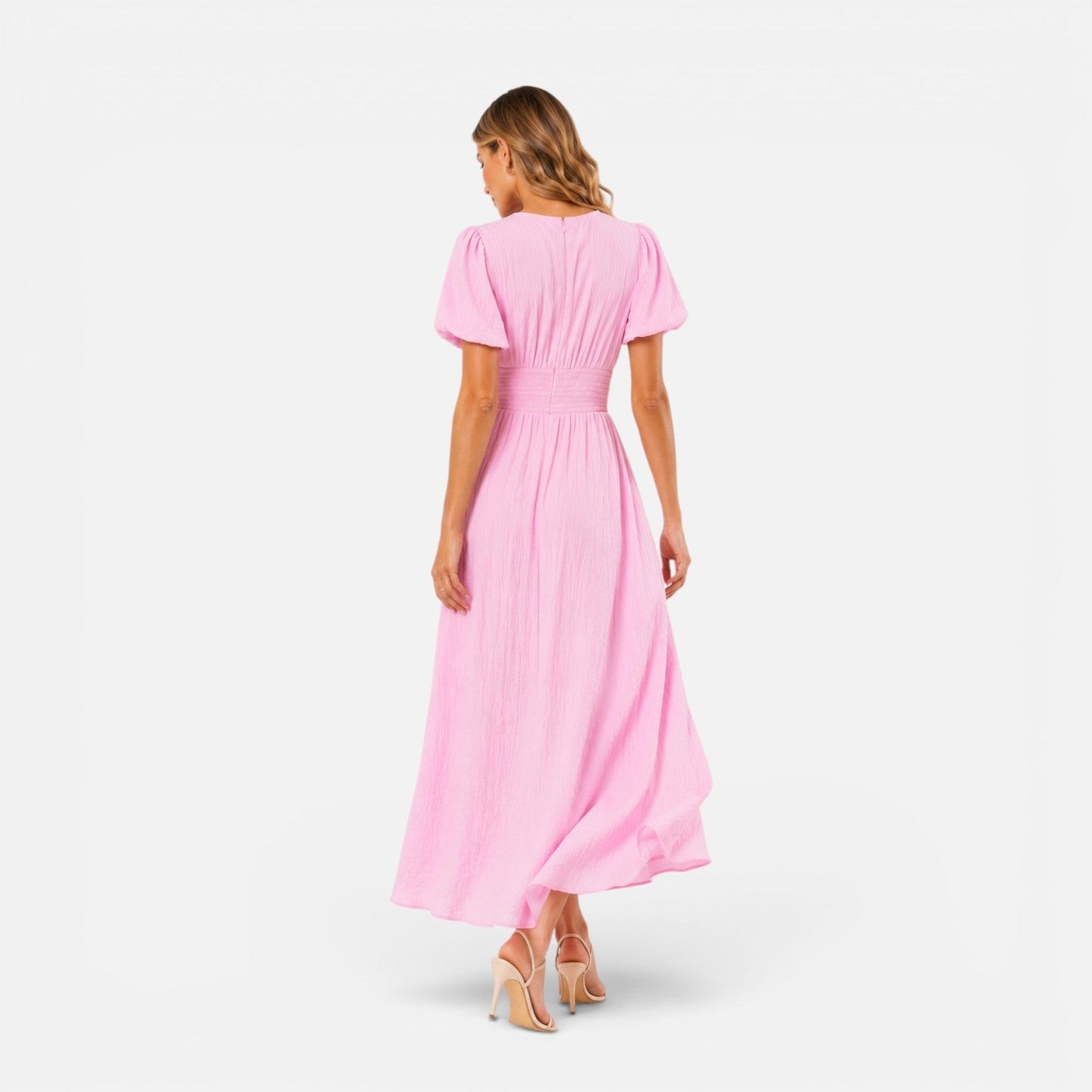 Abito Lungo Donna con Maniche a Sbuffo e Corpetto Smock