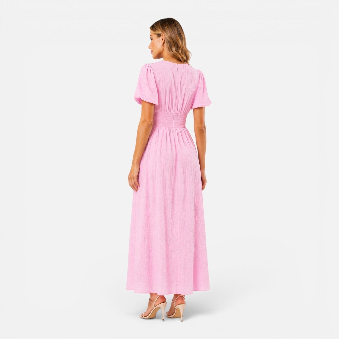 Abito Lungo Donna con Maniche a Sbuffo e Corpetto Smock