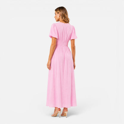 Abito Lungo Donna con Maniche a Sbuffo e Corpetto Smock