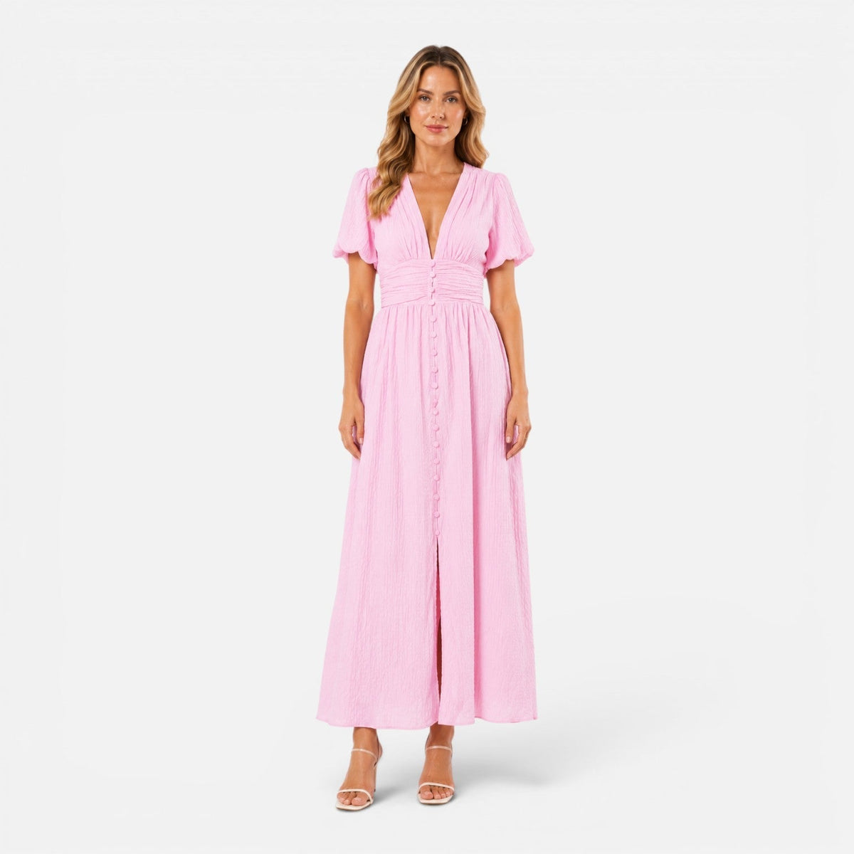 Abito Lungo Donna con Maniche a Sbuffo e Corpetto Smock
