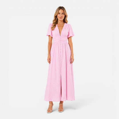 Abito Lungo Donna con Maniche a Sbuffo e Corpetto Smock