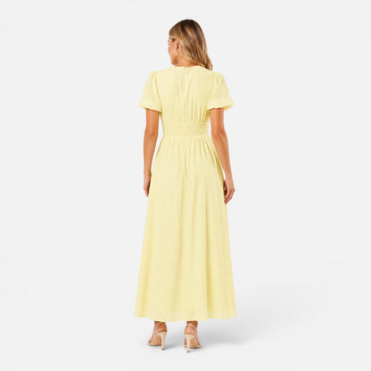 Abito Lungo Donna con Maniche a Sbuffo e Corpetto Smock