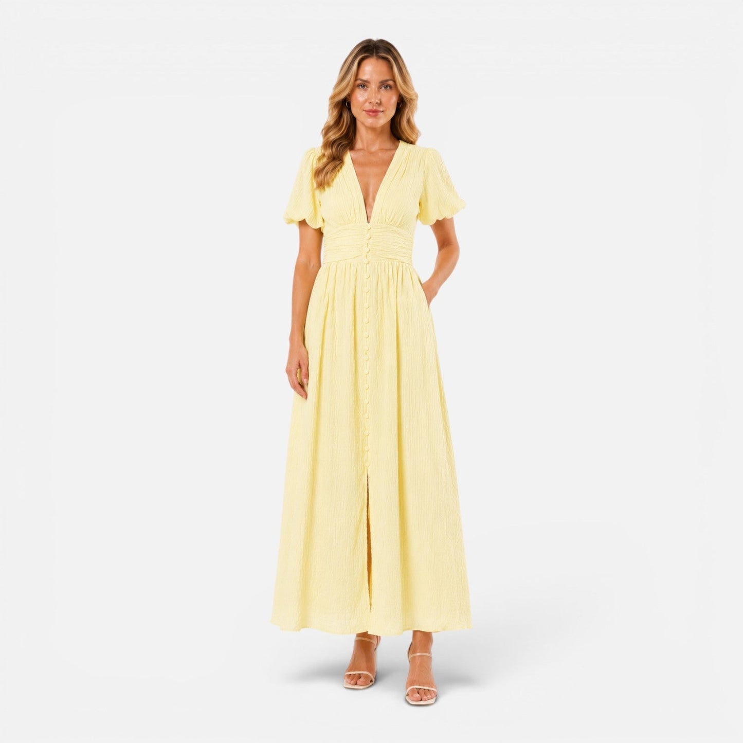 Abito Lungo Donna con Maniche a Sbuffo e Corpetto Smock