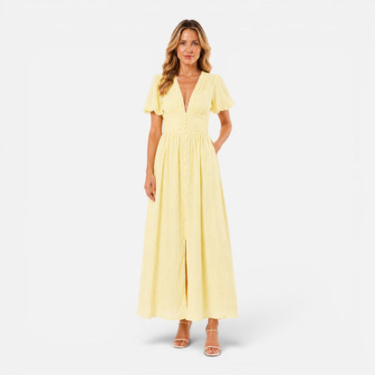Abito Lungo Donna con Maniche a Sbuffo e Corpetto Smock