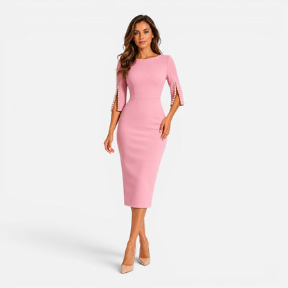 Abito Midi Donna Tubino con Maniche di Perle