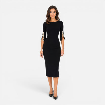Abito Midi Donna Tubino con Maniche di Perle