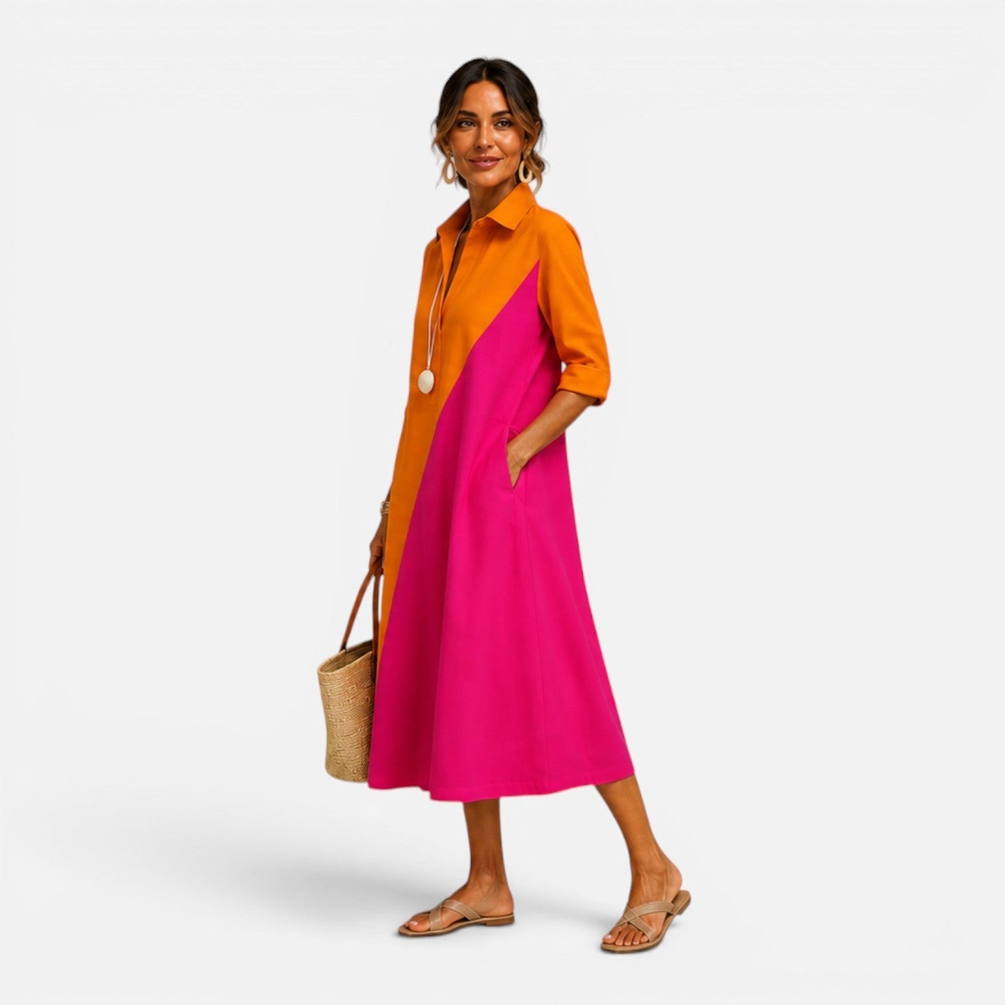 Abito Midi Donna Color Block con Tasche