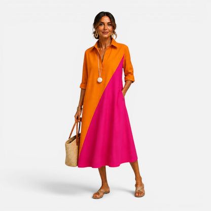 Abito Midi Donna Color Block con Tasche