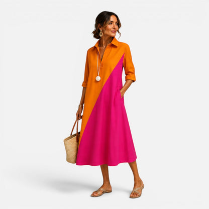 Abito Midi Donna Color Block con Tasche