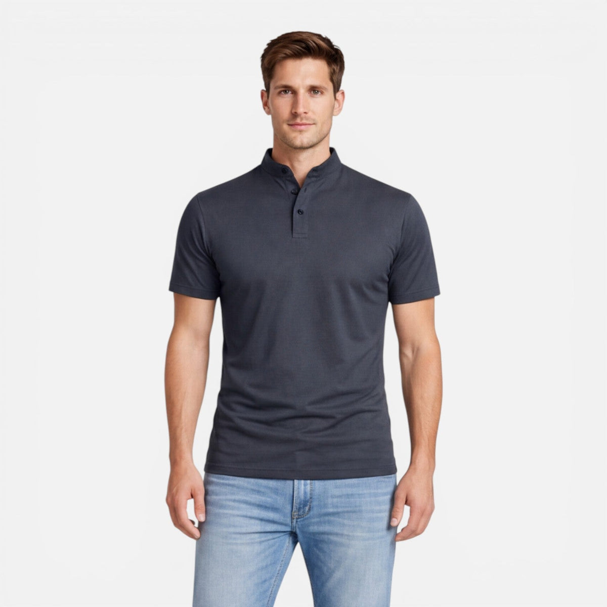 Maglia Henley Uomo Manica Corta Cotone Slim Fit Casual
