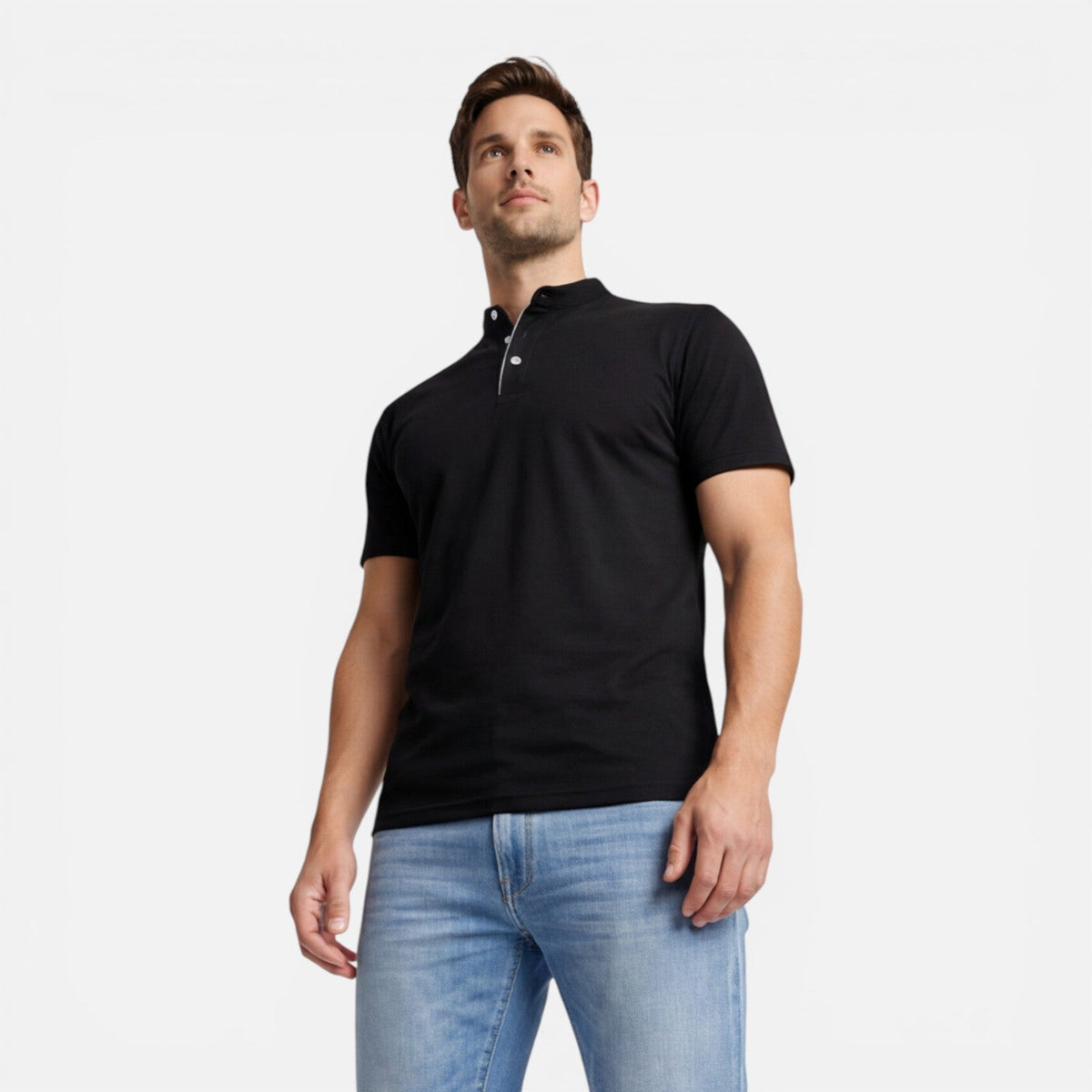 Maglia Henley Uomo Manica Corta Cotone Slim Fit Casual