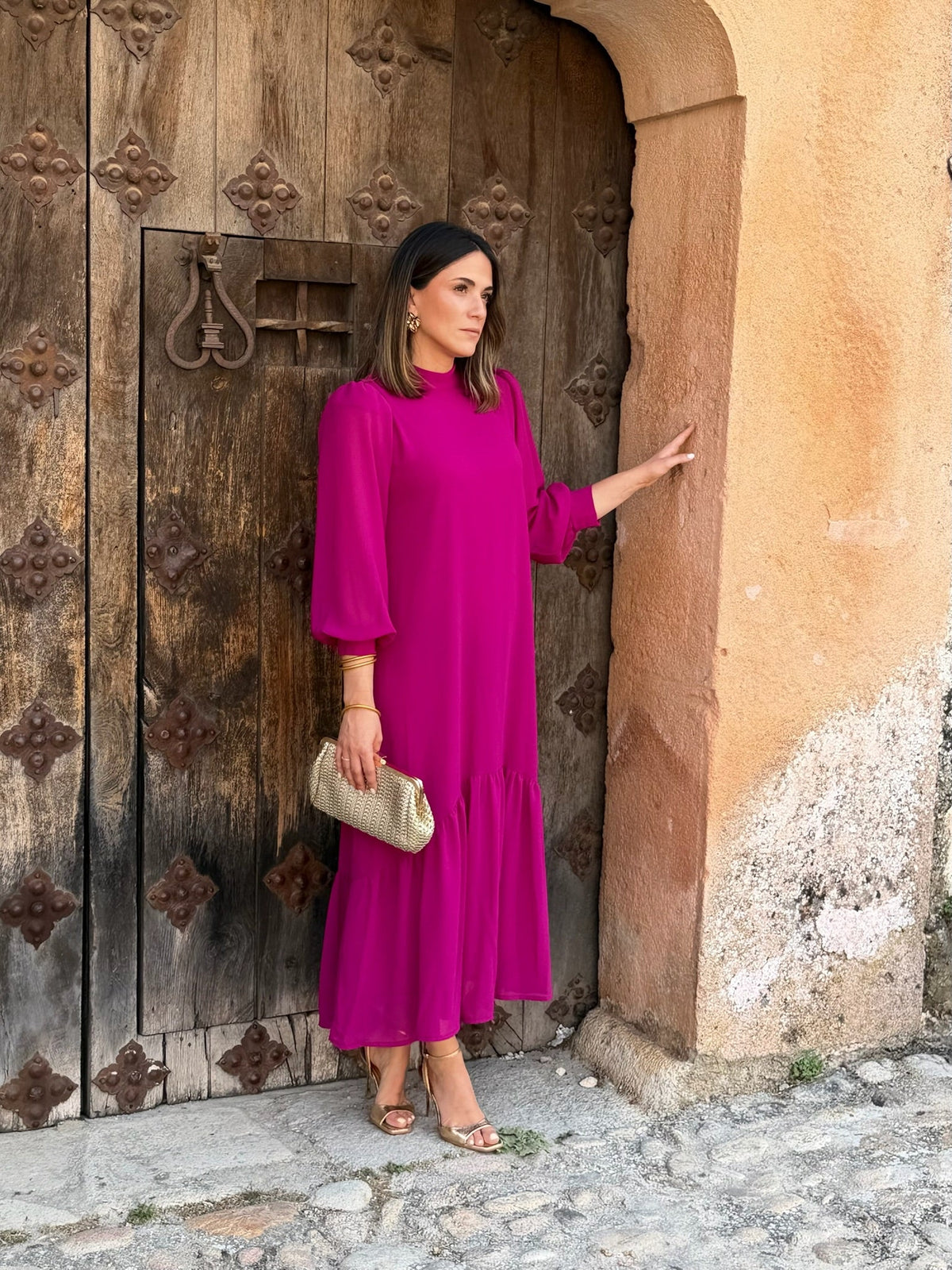 Andrea | Abito Lungo Donna in Chiffon con Volant Asimmetrico