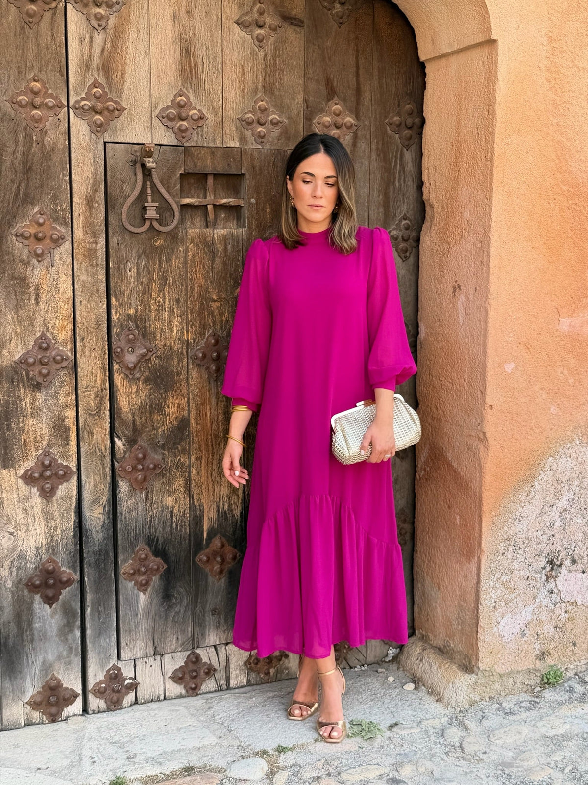Andrea | Abito Lungo Donna in Chiffon con Volant Asimmetrico