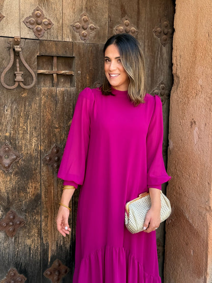 Andrea | Abito Lungo Donna in Chiffon con Volant Asimmetrico