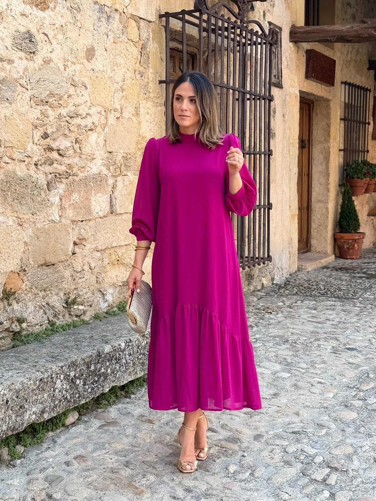 Andrea | Abito Lungo Donna in Chiffon con Volant Asimmetrico
