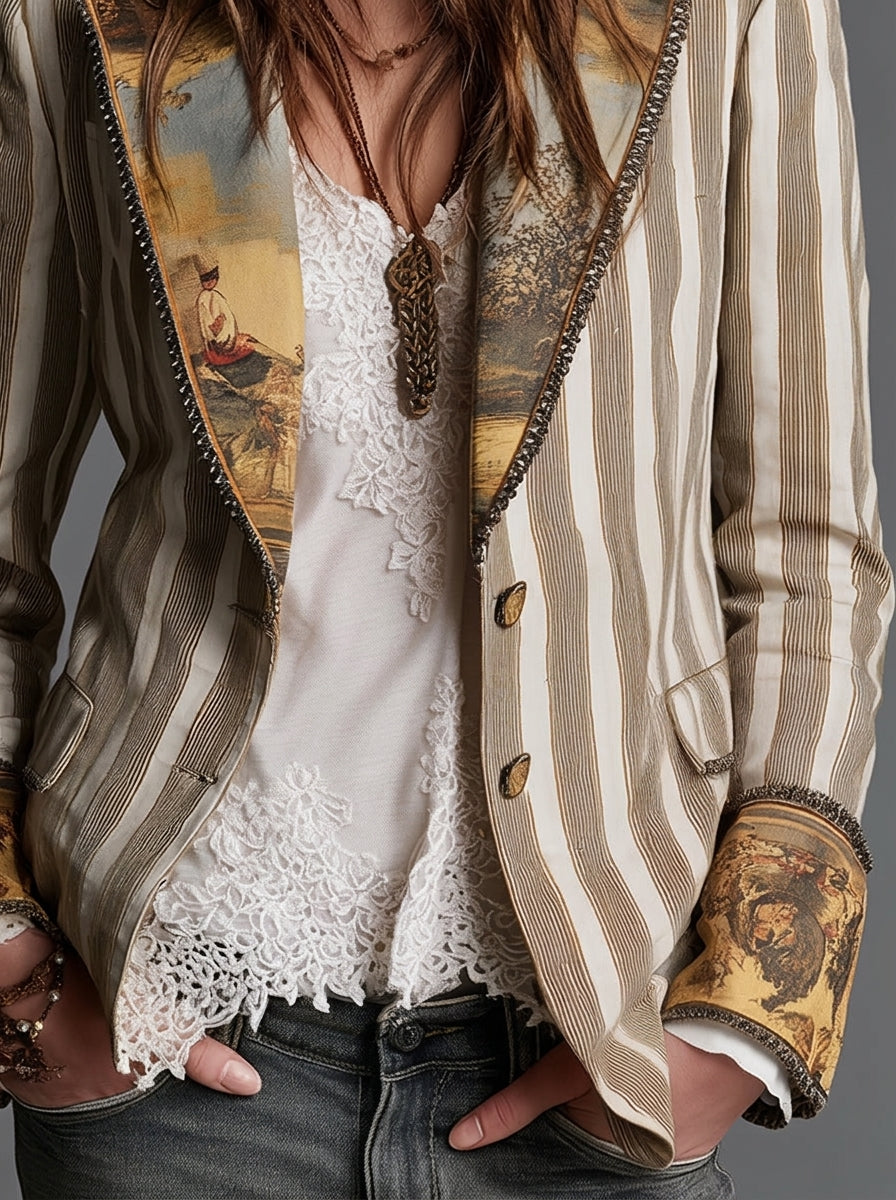 Sara | Blazer Donna Bohémien a Righe con Collo Stampato