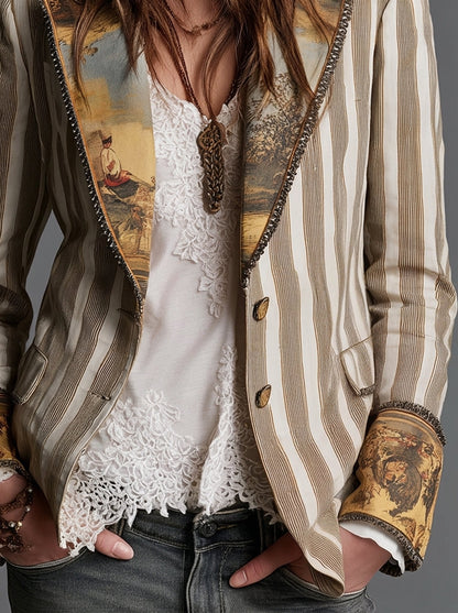 Sara | Blazer Donna Bohémien a Righe con Collo Stampato