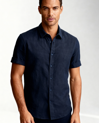 Camicia Uomo Maniche Corte Riviera Navy Raffinata Traspirante